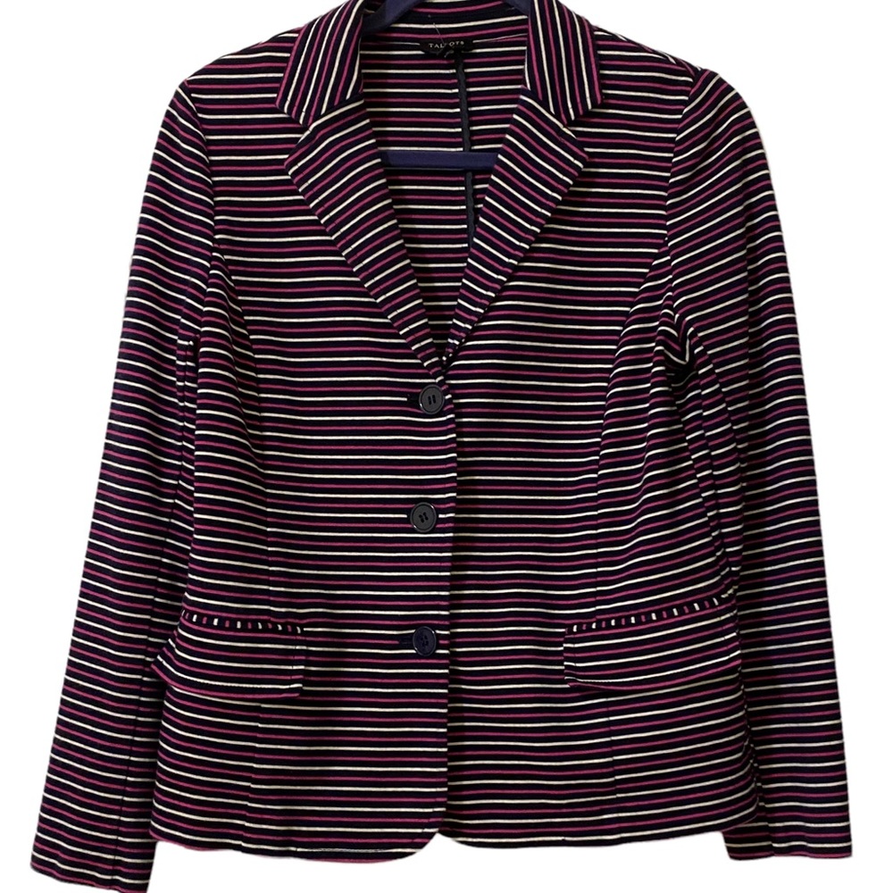 Talbots Cotton Stretch Blazer Jacket Black White Pink Stripe Button Sz Large